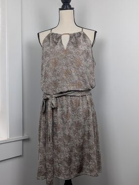NWT WHBM Halter Dress, Snake Broze Foil Print, Tie Waist, Sz L